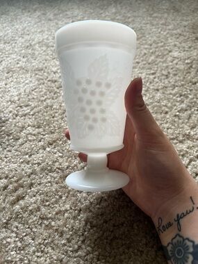 Milk Glass Goblet with Raised Grape Motif - White